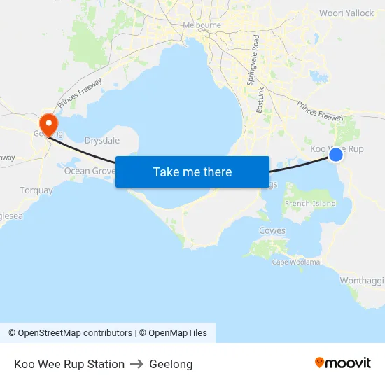 Koo Wee Rup Station to Geelong map