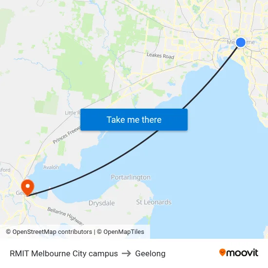 RMIT Melbourne City campus to Geelong map
