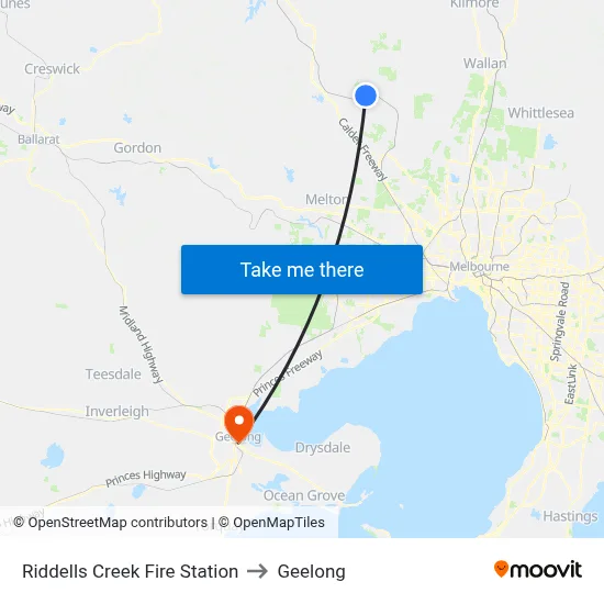 Riddells Creek Fire Station to Geelong map