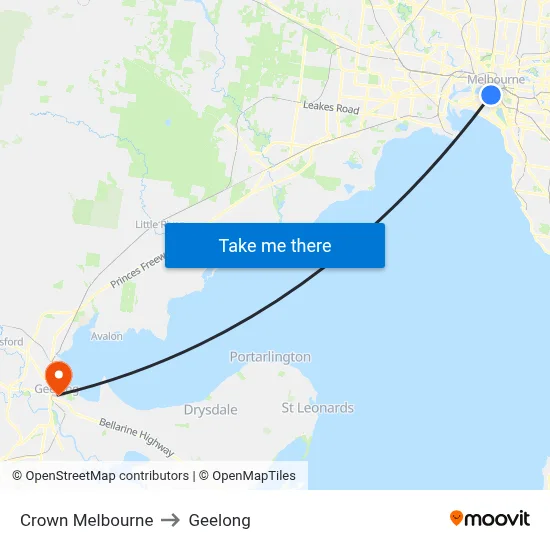Crown Melbourne to Geelong map