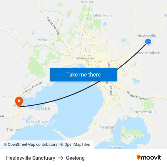 Healesville Sanctuary to Geelong map