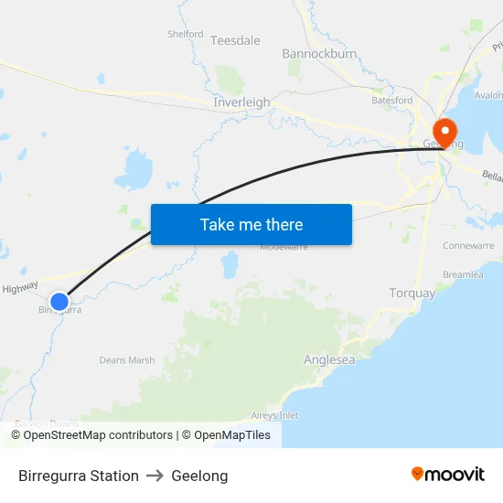 Birregurra Station to Geelong map
