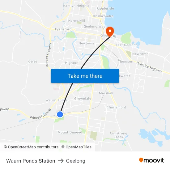 Waurn Ponds Station to Geelong map