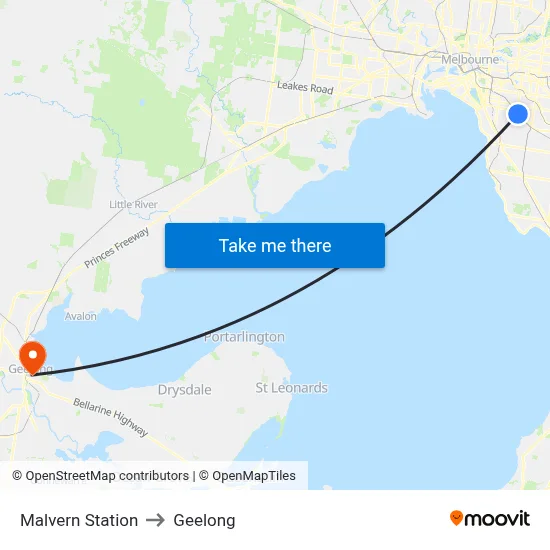 Malvern Station to Geelong map