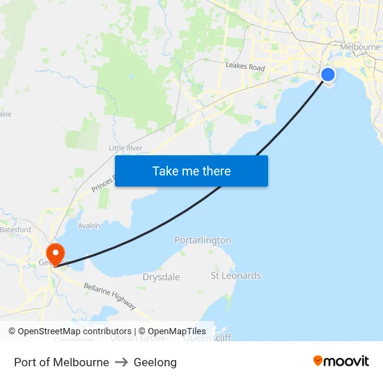 Port of Melbourne to Geelong map