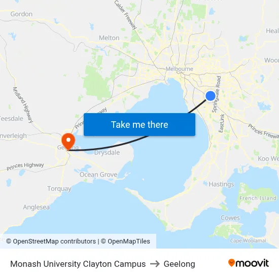 Monash University Clayton Campus to Geelong map