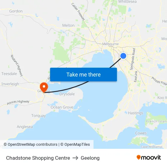 Chadstone Shopping Centre to Geelong map