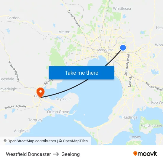 Westfield Doncaster to Geelong map