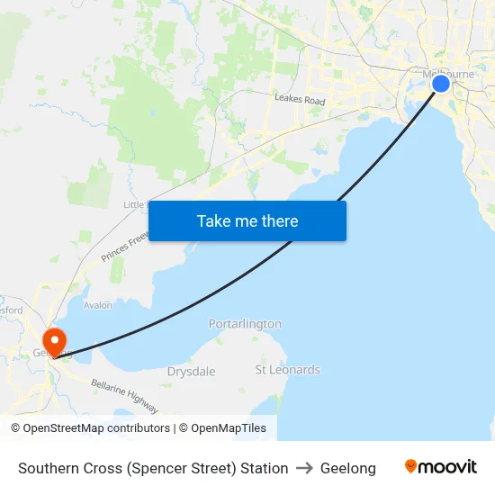 Southern Cross (Spencer Street) Station to Geelong map