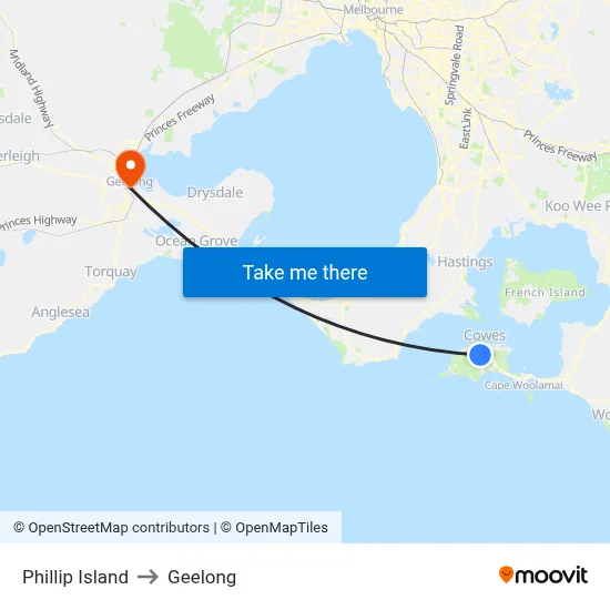 Phillip Island to Geelong map