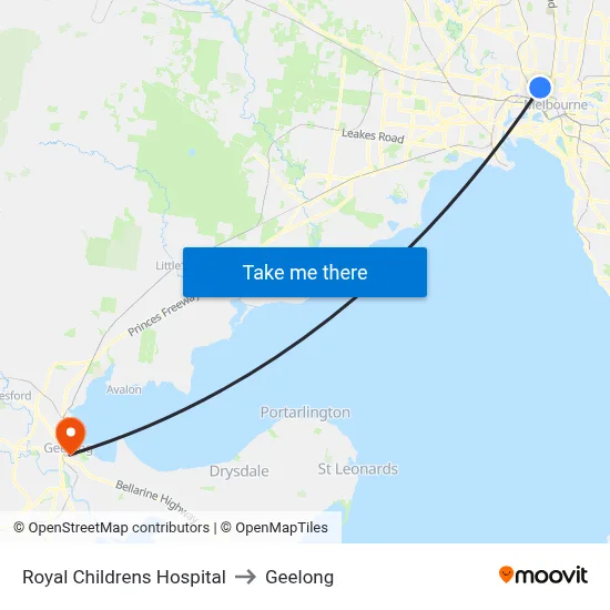 Royal Childrens Hospital to Geelong map