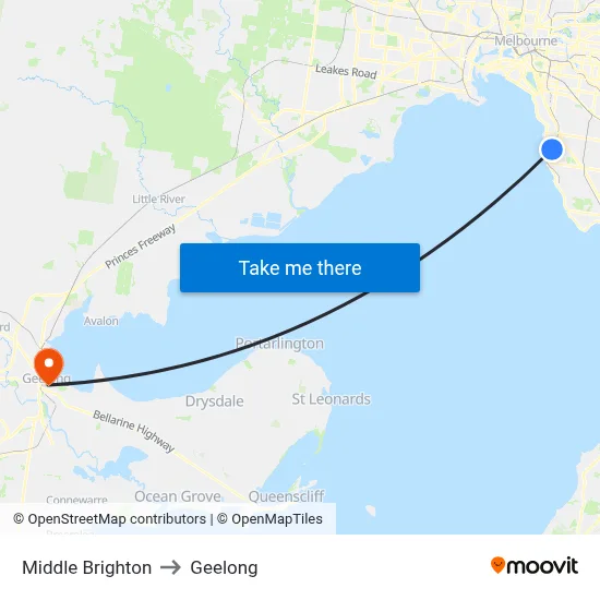 Middle Brighton to Geelong map