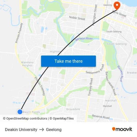 Deakin University to Geelong map
