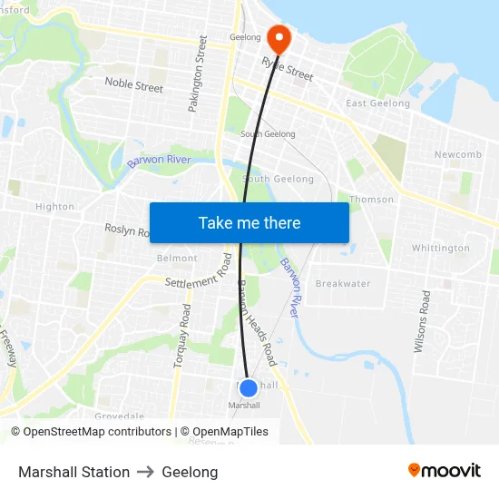 Marshall Station to Geelong map