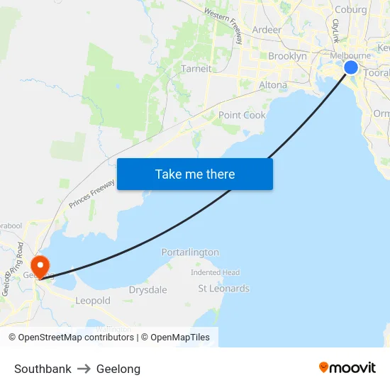 Southbank to Geelong map