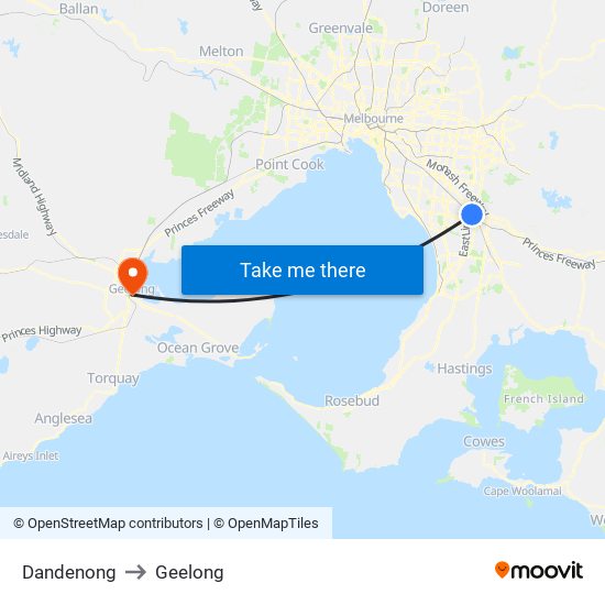 Dandenong to Geelong map