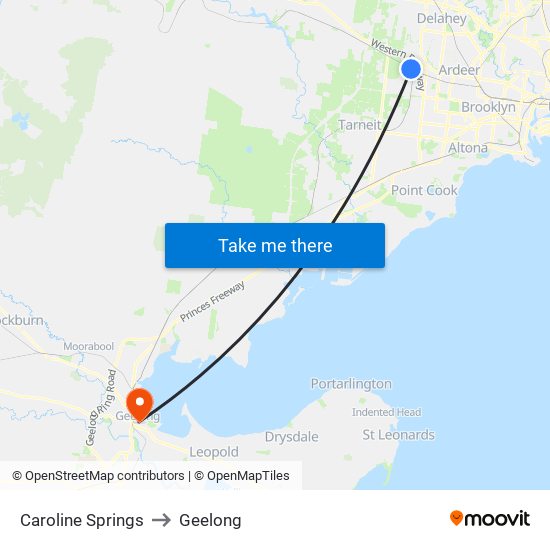 Caroline Springs to Geelong map