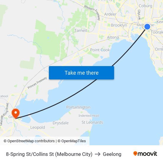 8-Spring St/Collins St (Melbourne City) to Geelong map