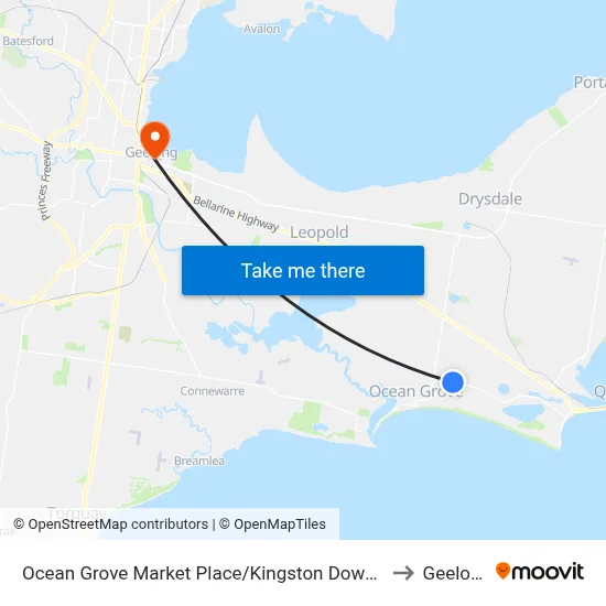 Ocean Grove Market Place/Kingston Downs Dr to Geelong map