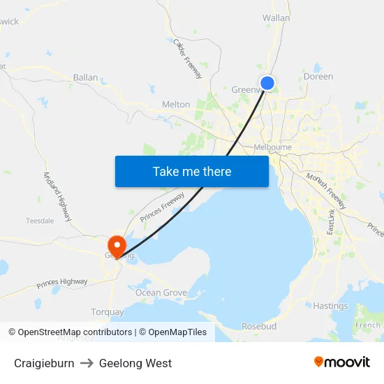 Craigieburn to Geelong West map