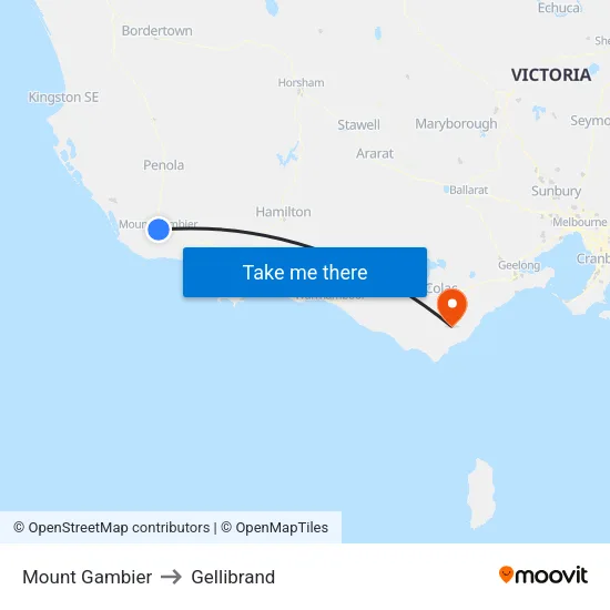 Mount Gambier to Gellibrand map