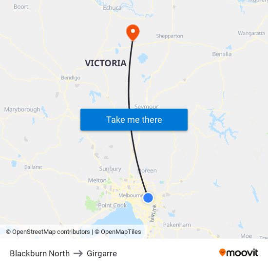 Blackburn North to Girgarre map