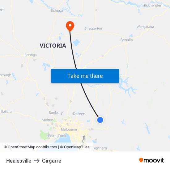 Healesville to Girgarre map