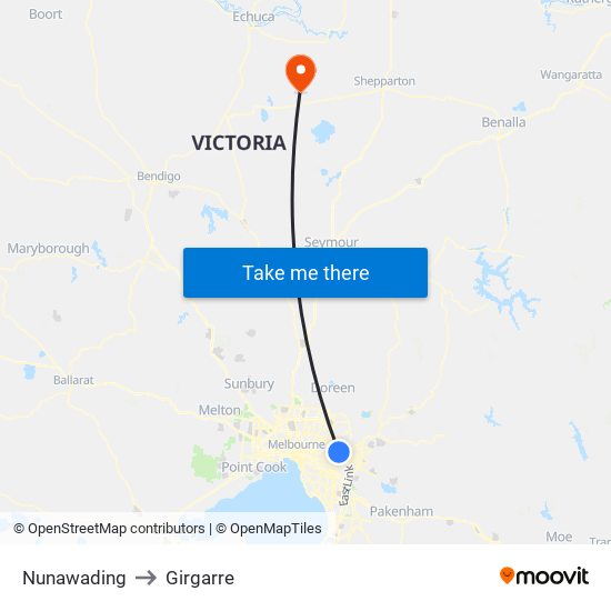Nunawading to Girgarre map