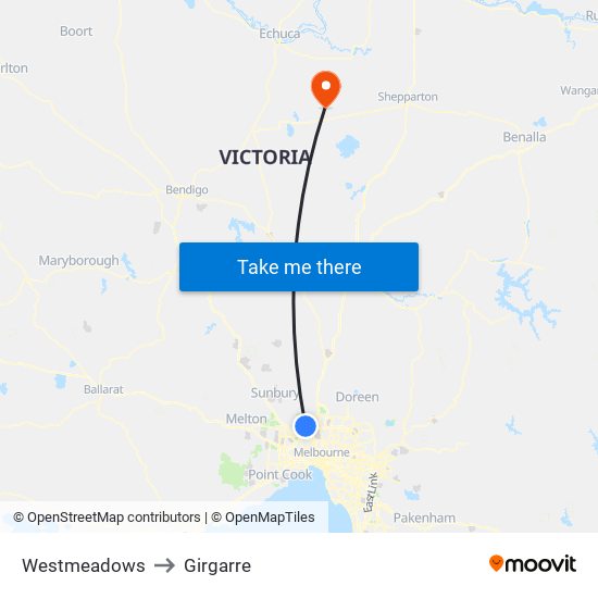 Westmeadows to Girgarre map