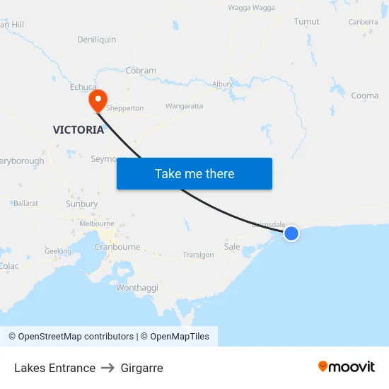 Lakes Entrance to Girgarre map