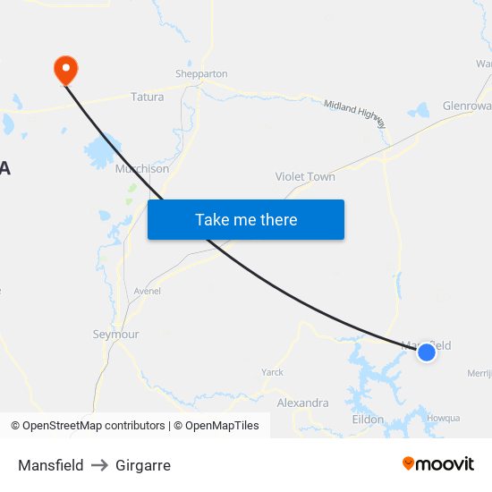 Mansfield to Girgarre map