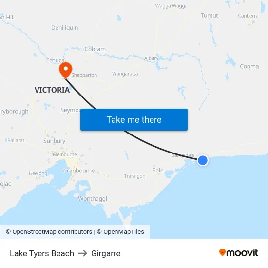 Lake Tyers Beach to Girgarre map