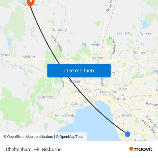 Cheltenham to Gisborne map