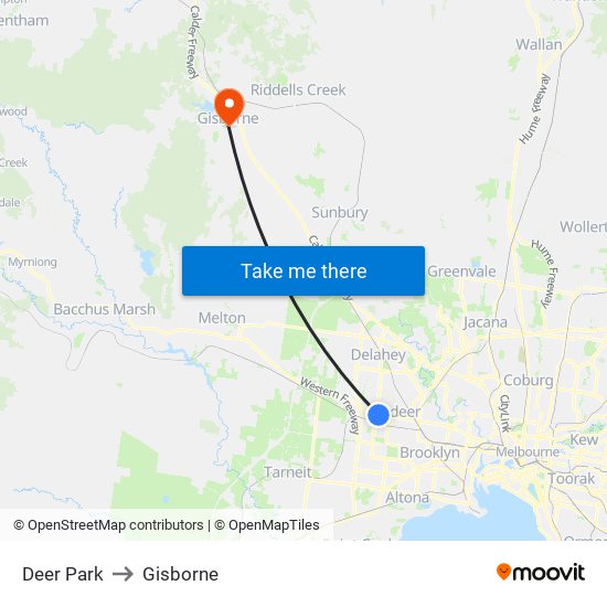 Deer Park to Gisborne map