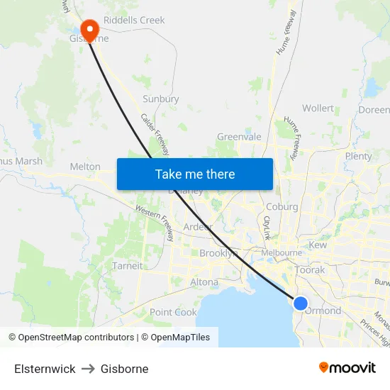 Elsternwick to Gisborne map