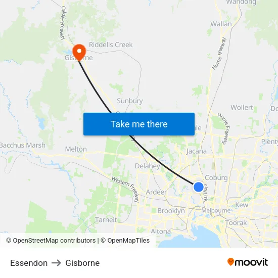 Essendon to Gisborne map