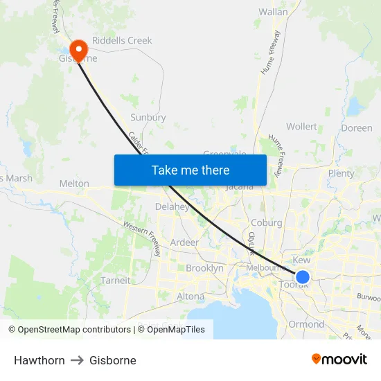 Hawthorn to Gisborne map