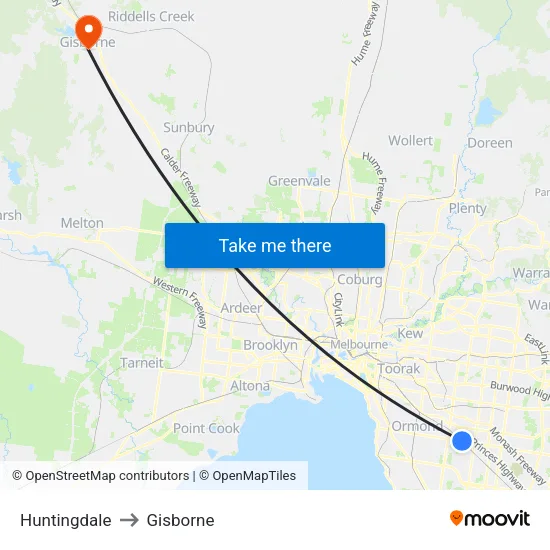 Huntingdale to Gisborne map