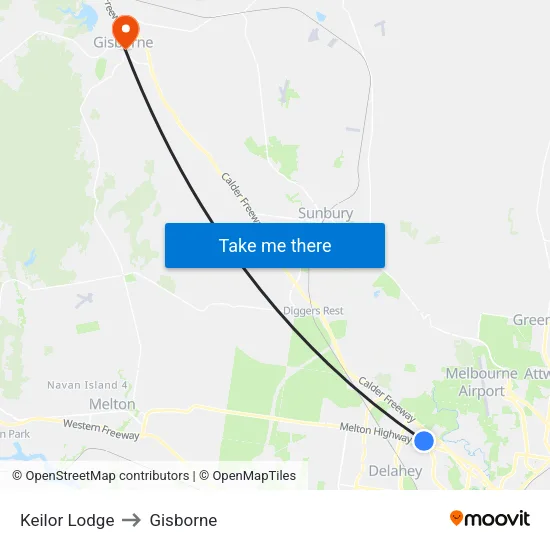 Keilor Lodge to Gisborne map