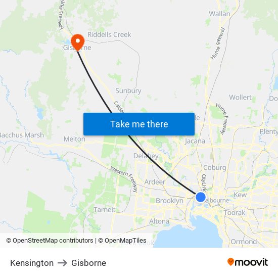 Kensington to Gisborne map