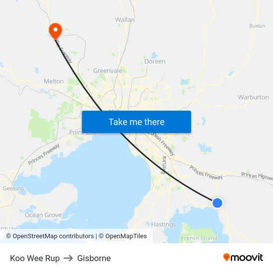 Koo Wee Rup to Gisborne map