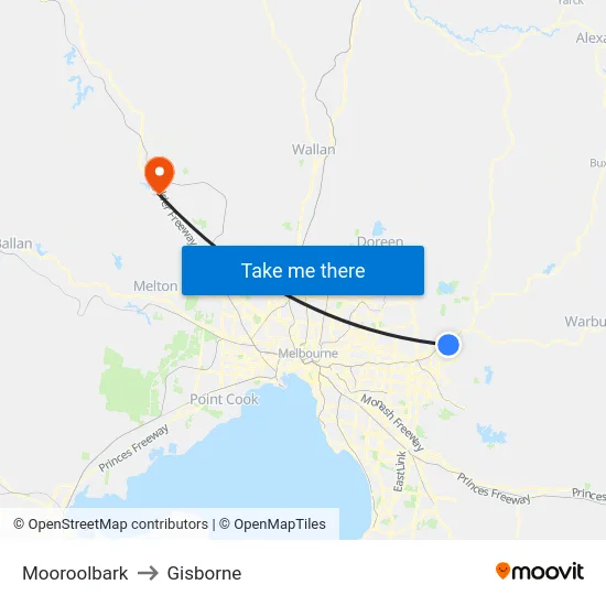 Mooroolbark to Gisborne map