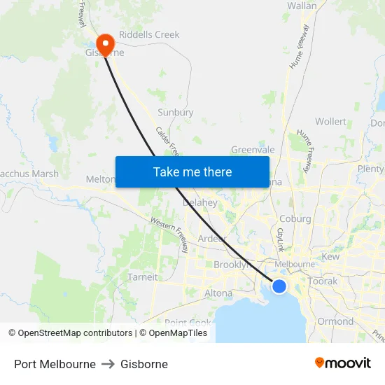 Port Melbourne to Gisborne map