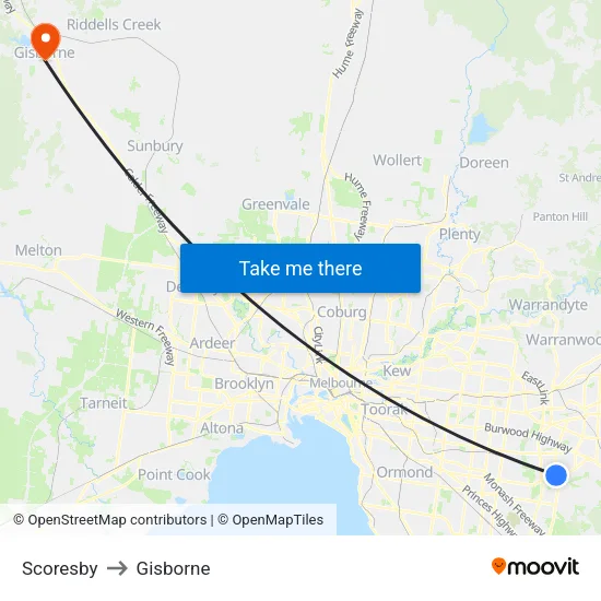 Scoresby to Gisborne map