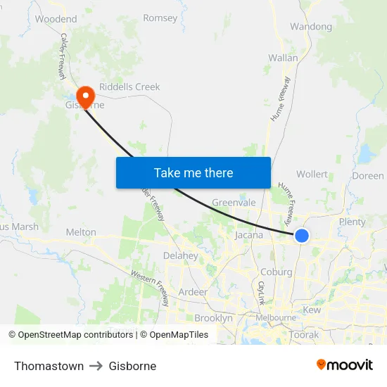 Thomastown to Gisborne map