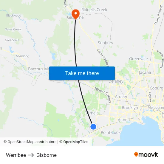Werribee to Gisborne map