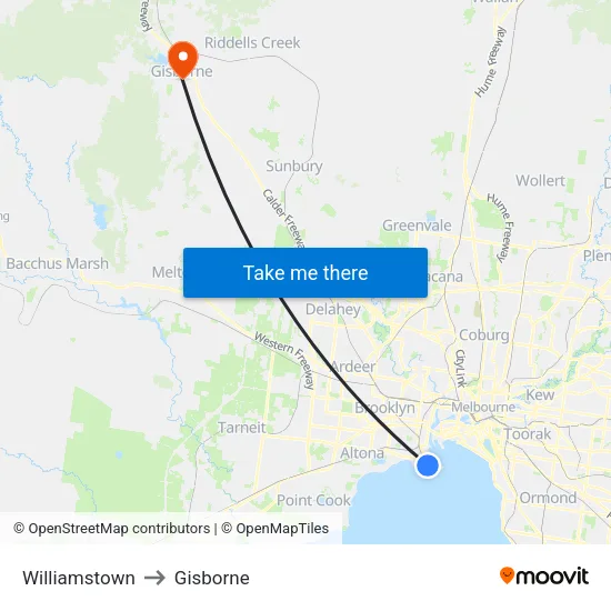 Williamstown to Gisborne map