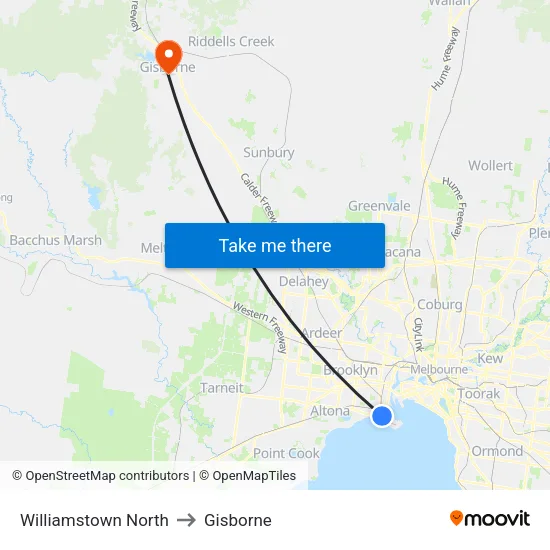 Williamstown North to Gisborne map