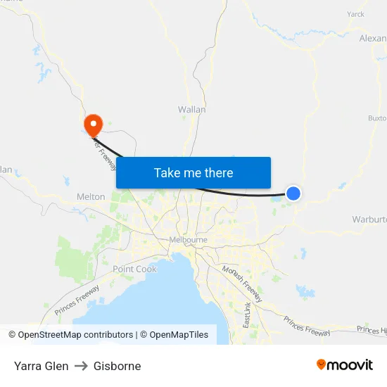 Yarra Glen to Gisborne map