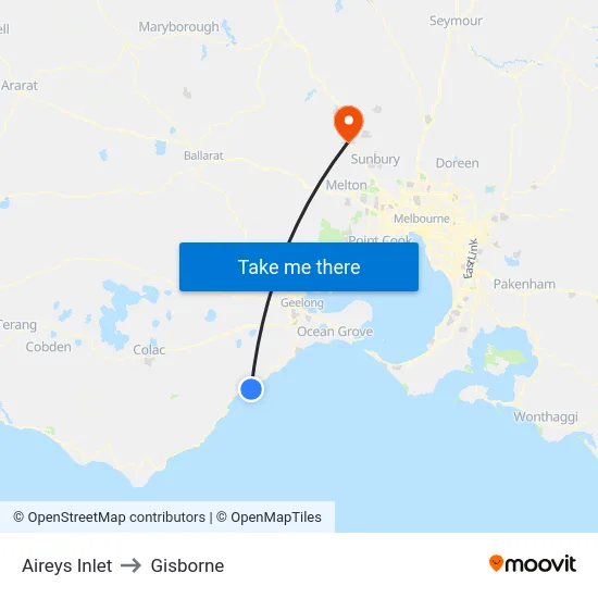 Aireys Inlet to Gisborne map